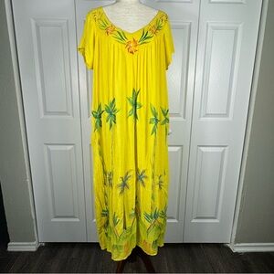 Vintage NF Free Size Women's Kaftan Dress Beaded Tropical Palm Tree Yellow